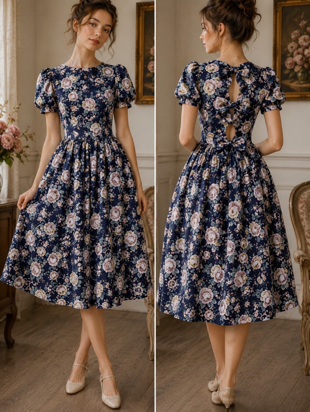 Jessica McClintock X Gunne Saxe Floral Vintage Dream Dress With Bow Back